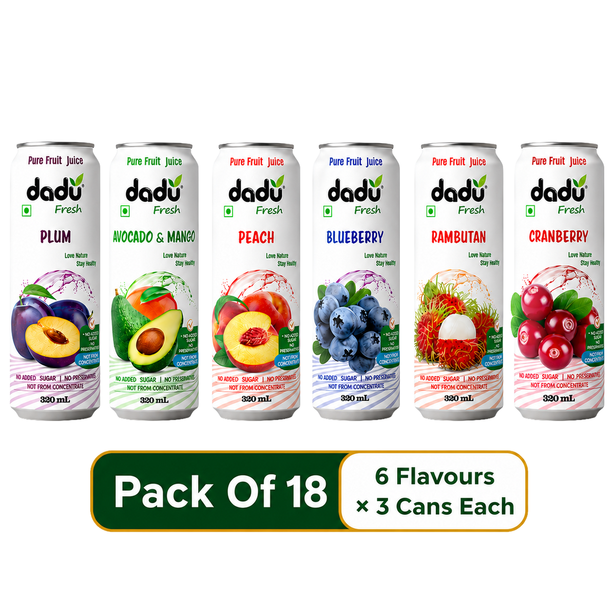 Dadu Fresh Peach, Cranberry, Blueberry, Avocado & Mango, Plum & Rambutan Juice | 100% Pure Fruit Juice | No Added Sugar & No Preservatives | 320ml x Pack of 18 - Dadu Fresh