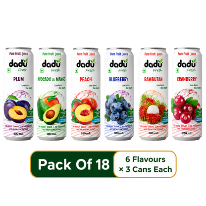 Dadu Fresh Peach, Cranberry, Blueberry, Avocado & Mango, Plum & Rambutan Juice | 100% Pure Fruit Juice | No Added Sugar & No Preservatives | 320ml x Pack of 18 - Dadu Fresh