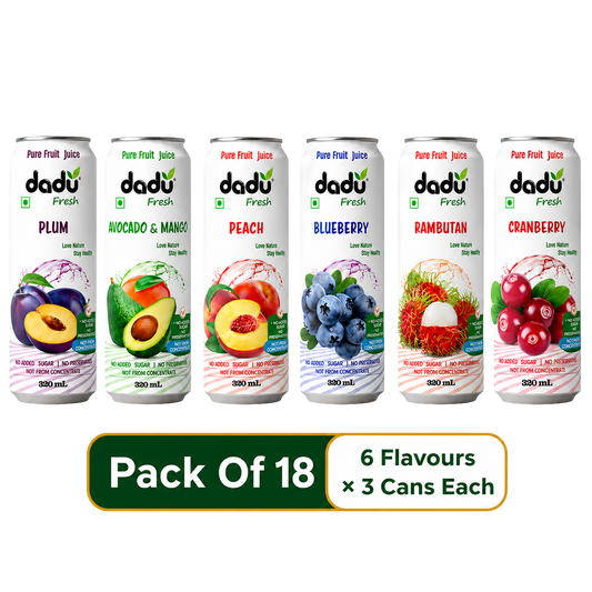 Dadu Fresh Peach, Cranberry, Blueberry, Avocado & Mango, Plum & Rambutan Juice | 100% Pure Fruit Juice | No Added Sugar & No Preservatives | 320ml x Pack of 18 - Dadu Fresh