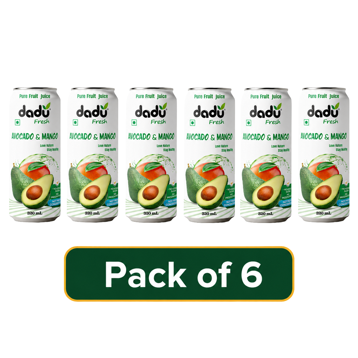 Dadu Fresh Avocado & Mango Juice | 100% Pure Fruit Juice | No Added Sugar & No Preservatives | 320ml x Pack of 6 - Dadu Fresh
