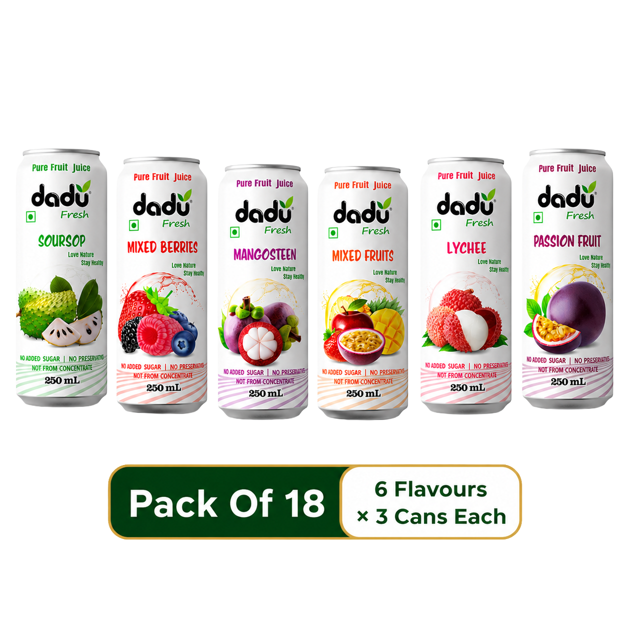 Dadu Fresh Soursop, Passion Fruit, Mixed Fruit, Lychee, Mixed Berries & Mangosteen Juice | 100% Pure Fruit Juice | No Added Sugar & No Preservatives | 250ml x Pack of 18 - Dadu Fresh