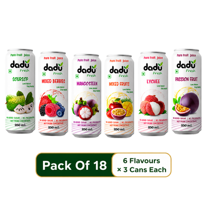 Dadu Fresh Soursop, Passion Fruit, Mixed Fruit, Lychee, Mixed Berries & Mangosteen Juice | 100% Pure Fruit Juice | No Added Sugar & No Preservatives | 250ml x Pack of 18 - Dadu Fresh