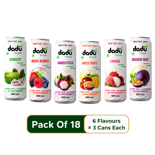 Dadu Fresh Soursop, Passion Fruit, Mixed Fruit, Lychee, Mixed Berries & Mangosteen Juice | 100% Pure Fruit Juice | No Added Sugar & No Preservatives | 250ml x Pack of 18 - Dadu Fresh