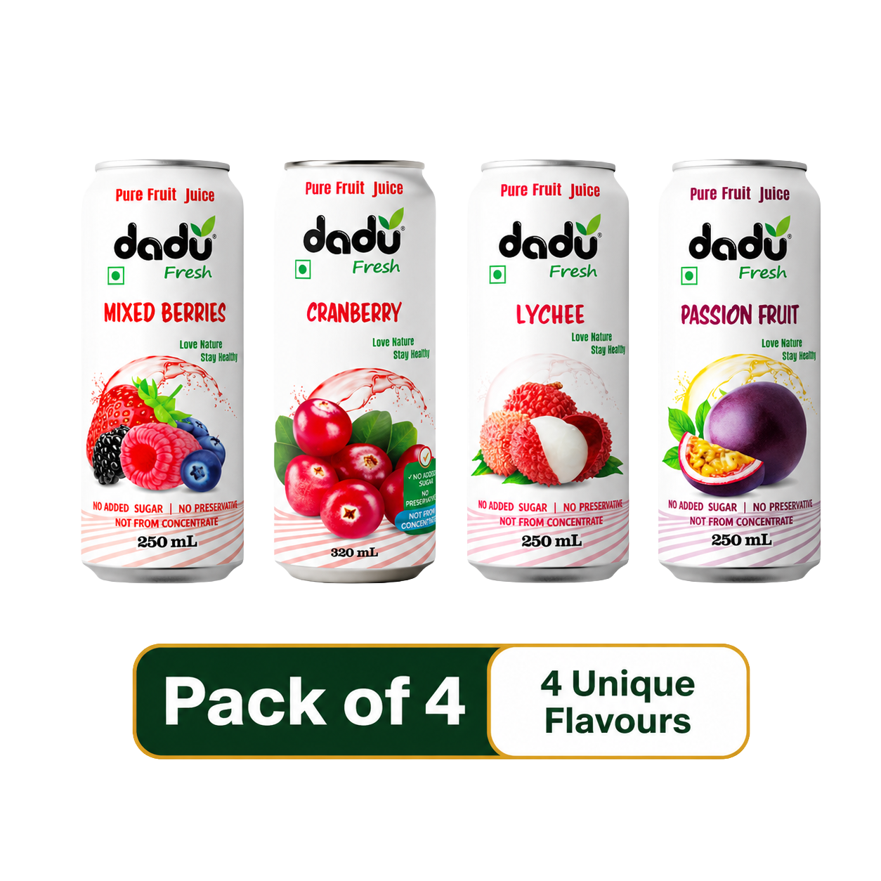 Dadu Fresh Passion Fruit, Cranberry, Mixed Berries & Lychee Juice | 100% Pure Fruit Juice | No Added Sugar & No Preservatives | Pack Of 4 (250ml x 3 Cans & 320ml x 1 Can) - Dadu Fresh