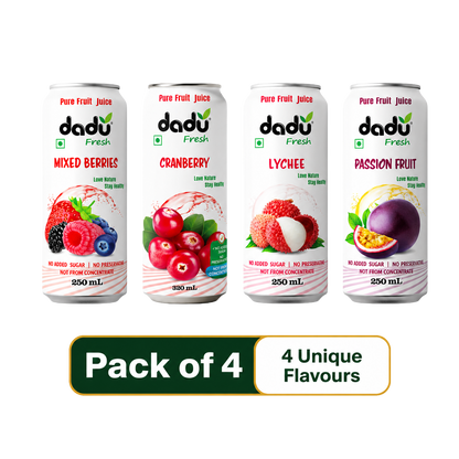 Dadu Fresh Passion Fruit, Cranberry, Mixed Berries & Lychee Juice | 100% Pure Fruit Juice | No Added Sugar & No Preservatives | Pack Of 4 (250ml x 3 Cans & 320ml x 1 Can) - Dadu Fresh