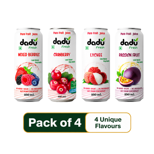 Dadu Fresh Passion Fruit, Cranberry, Mixed Berries & Lychee Juice | 100% Pure Fruit Juice | No Added Sugar & No Preservatives | Pack Of 4 (250ml x 3 Cans & 320ml x 1 Can) - Dadu Fresh