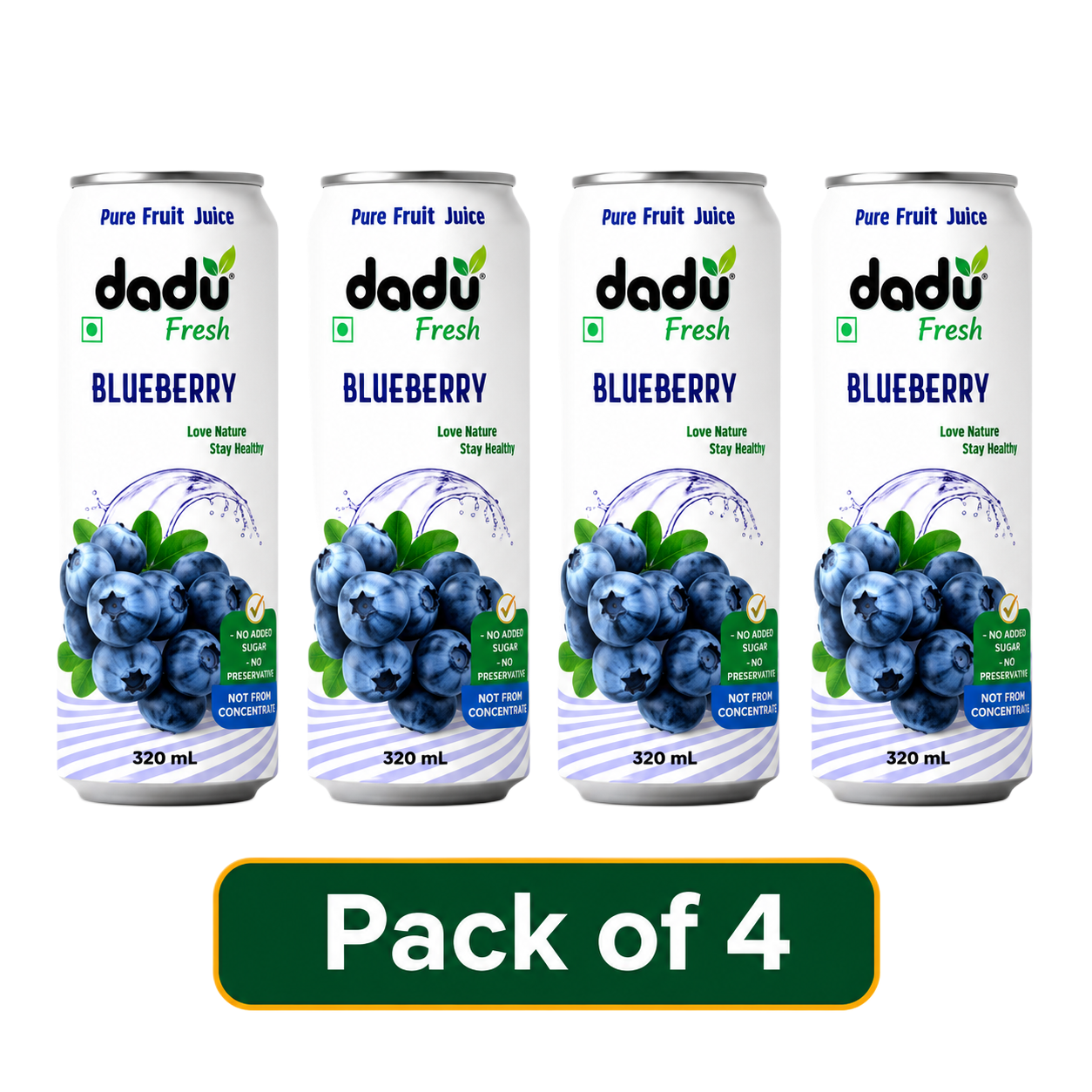 Dadu Fresh Blueberry Juice | 100% Pure Fruit Juice | No Added Sugar & No Preservatives | 320ml x Pack of 4 - Dadu Fresh