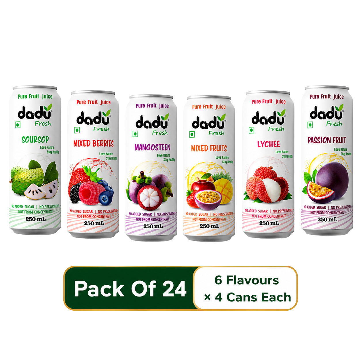 Dadu Fresh Soursop, Passion Fruit, Mixed Fruit, Lychee, Mixed Berries & Mangosteen Juice | 100% Pure Fruit Juice | No Added Sugar & No Preservatives | 250ml x Pack of 24 - Dadu Fresh