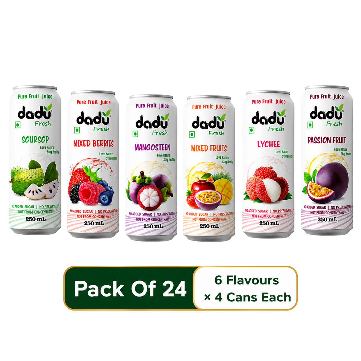 Dadu Fresh Soursop, Passion Fruit, Mixed Fruit, Lychee, Mixed Berries & Mangosteen Juice | 100% Pure Fruit Juice | No Added Sugar & No Preservatives | 250ml x Pack of 24 - Dadu Fresh