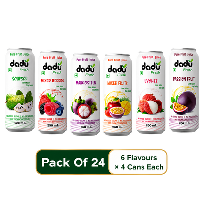 Dadu Fresh Soursop, Passion Fruit, Mixed Fruit, Lychee, Mixed Berries & Mangosteen Juice | 100% Pure Fruit Juice | No Added Sugar & No Preservatives | 250ml x Pack of 24 - Dadu Fresh