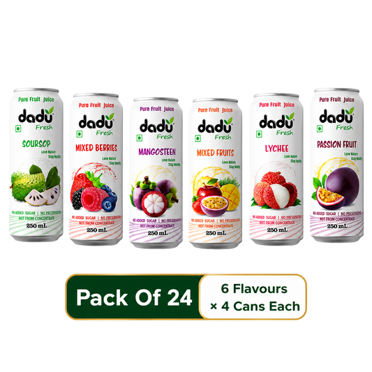 Dadu Fresh Soursop, Passion Fruit, Mixed Fruit, Lychee, Mixed Berries & Mangosteen Juice | 100% Pure Fruit Juice | No Added Sugar & No Preservatives | 250ml x Pack of 24 - Dadu Fresh