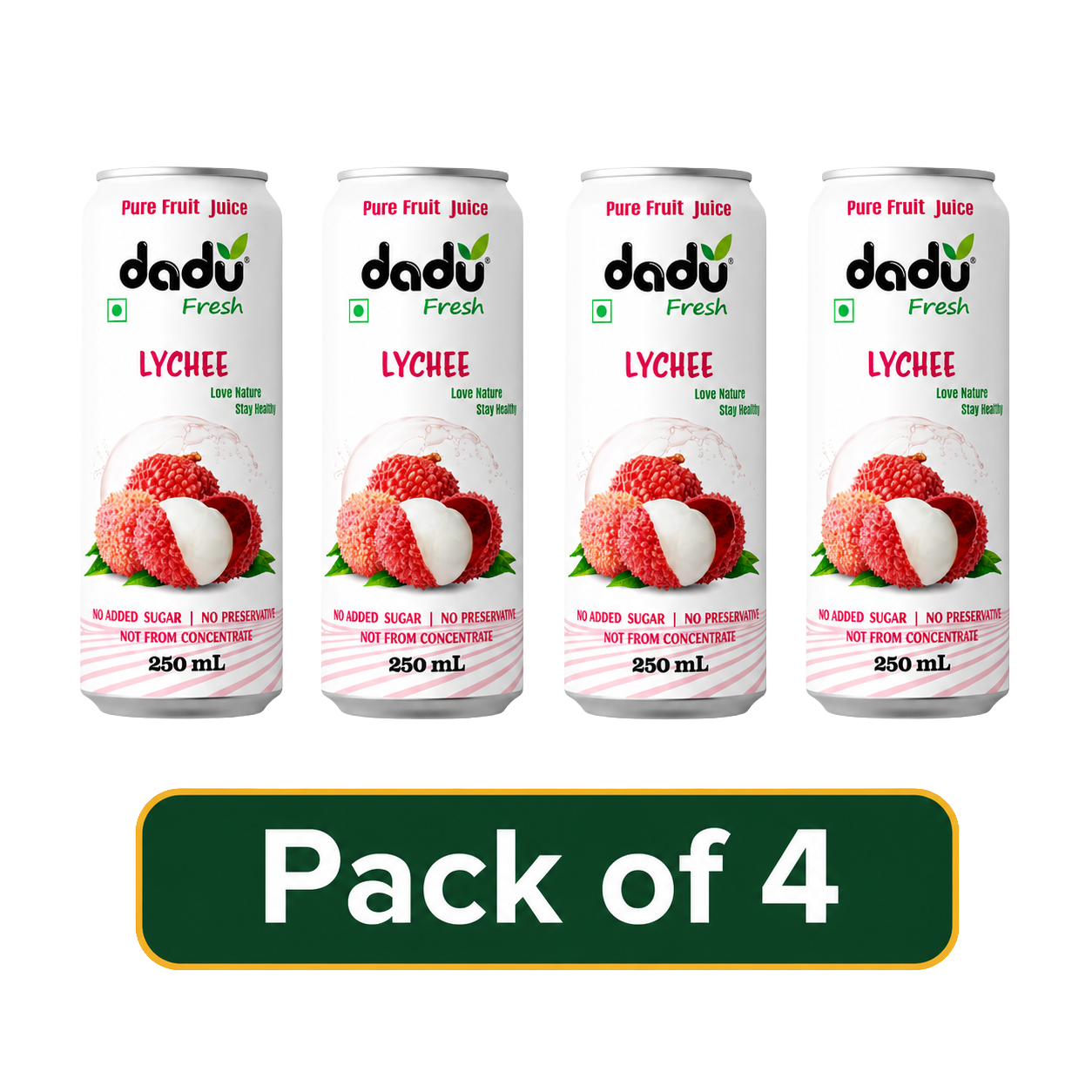 Dadu Fresh Lychee Juice | 100% Pure Fruit Juice | No Added Sugar & No Preservatives | 250ml x Pack of 4 - Dadu Fresh