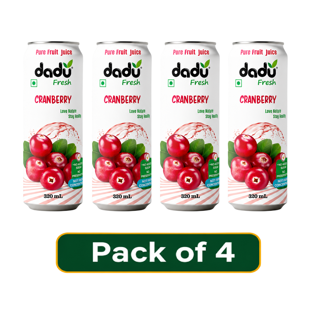 Dadu Fresh Cranberry Juice | 100% Pure Fruit Juice | No Added Sugar & No Preservatives | 320ml x Pack of 4 - Dadu Fresh