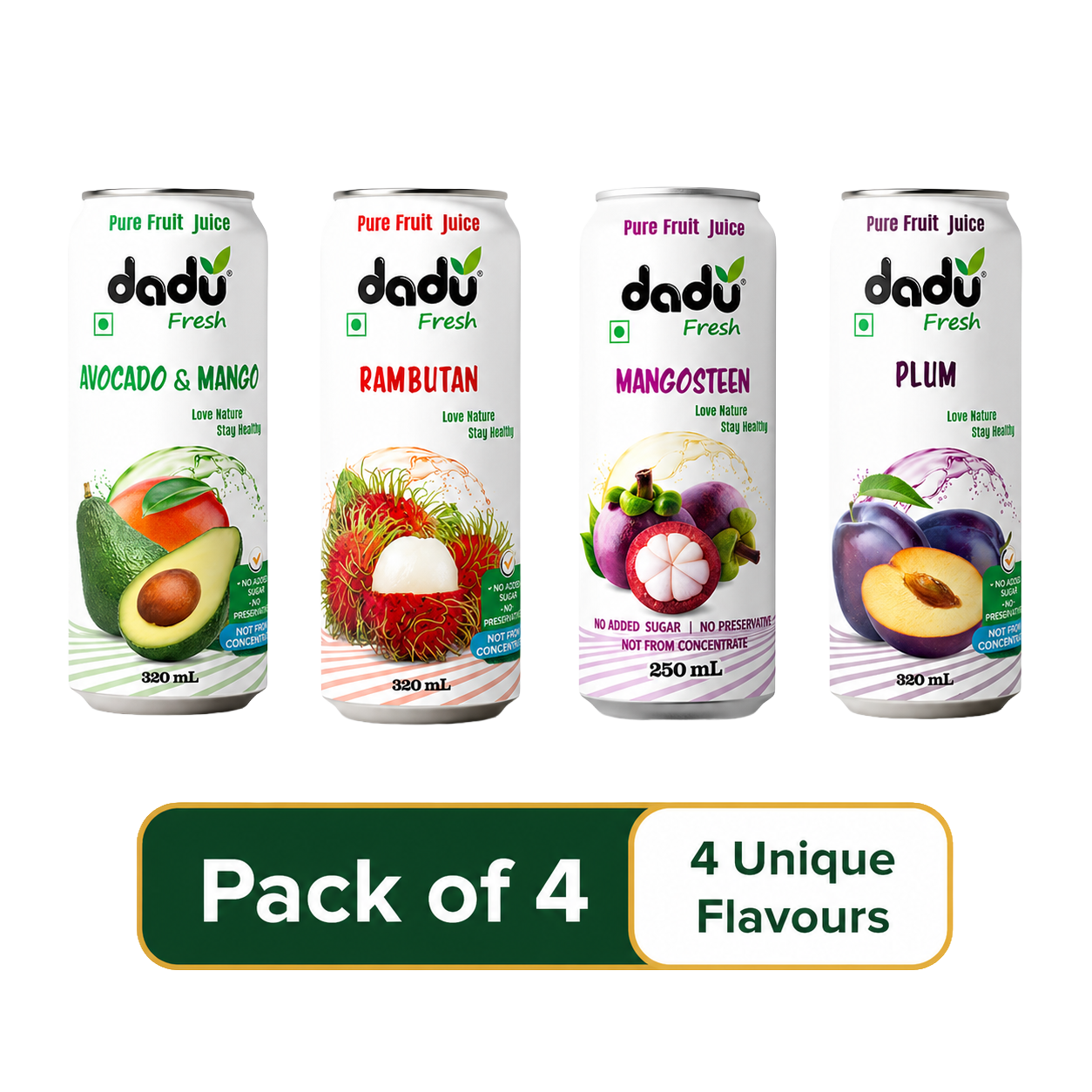 Dadu Fresh Avocado & Mango, Plum, Mangosteen, Rambutan Juice | 100% Pure Fruit Juice | No Added Sugar & No Preservatives | Pack Of 4 (250ml x 1 Cans & 320ml x 3 Can) - Dadu Fresh