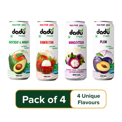 Dadu Fresh Avocado & Mango, Plum, Mangosteen, Rambutan Juice | 100% Pure Fruit Juice | No Added Sugar & No Preservatives | Pack Of 4 (250ml x 1 Cans & 320ml x 3 Can) - Dadu Fresh