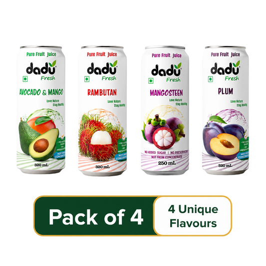 Dadu Fresh Avocado & Mango, Plum, Mangosteen, Rambutan Juice | 100% Pure Fruit Juice | No Added Sugar & No Preservatives | Pack Of 4 (250ml x 1 Cans & 320ml x 3 Can) - Dadu Fresh