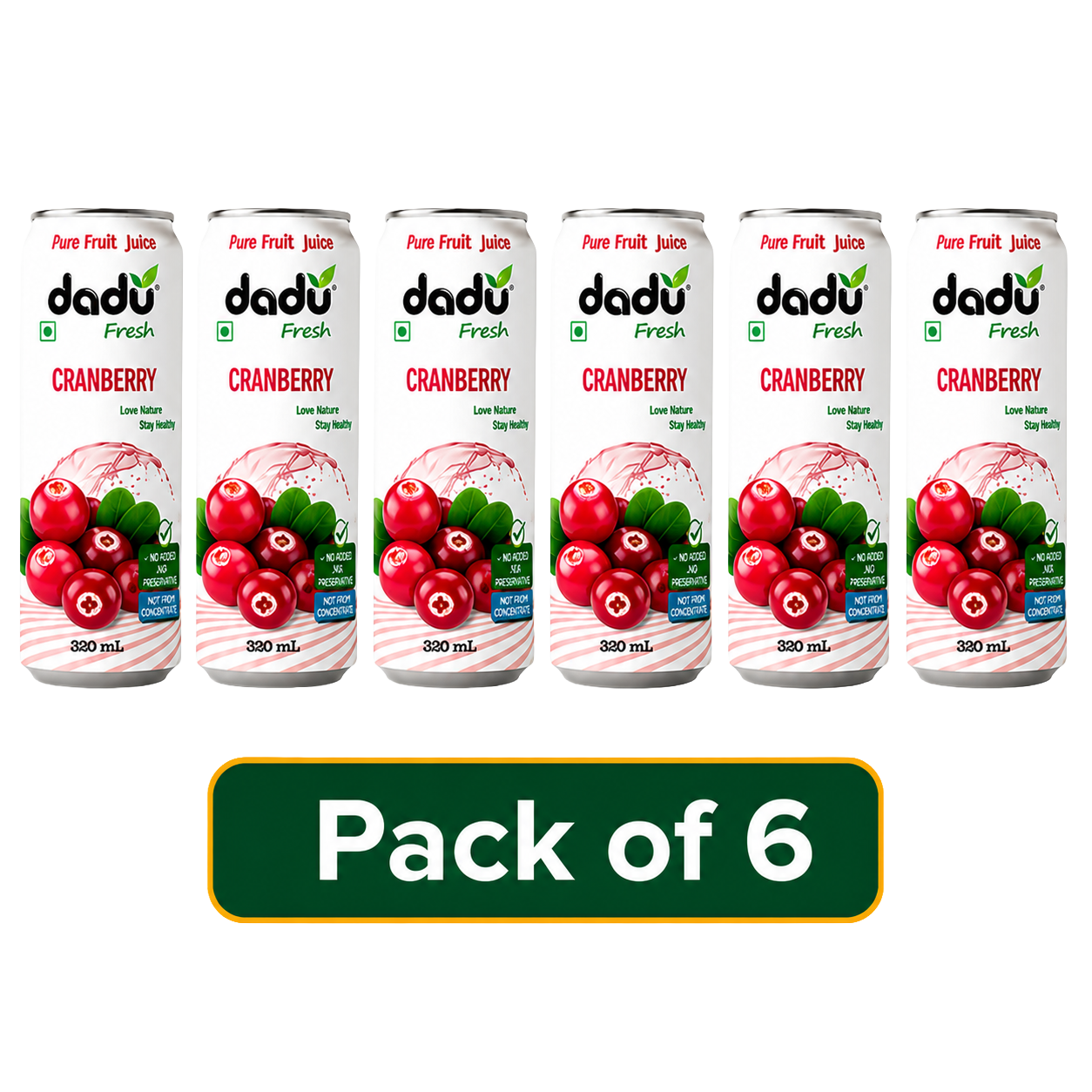 Dadu Fresh Cranberry Juice | 100% Pure Fruit Juice | No Added Sugar & No Preservatives | 320ml x Pack of 6 - Dadu Fresh