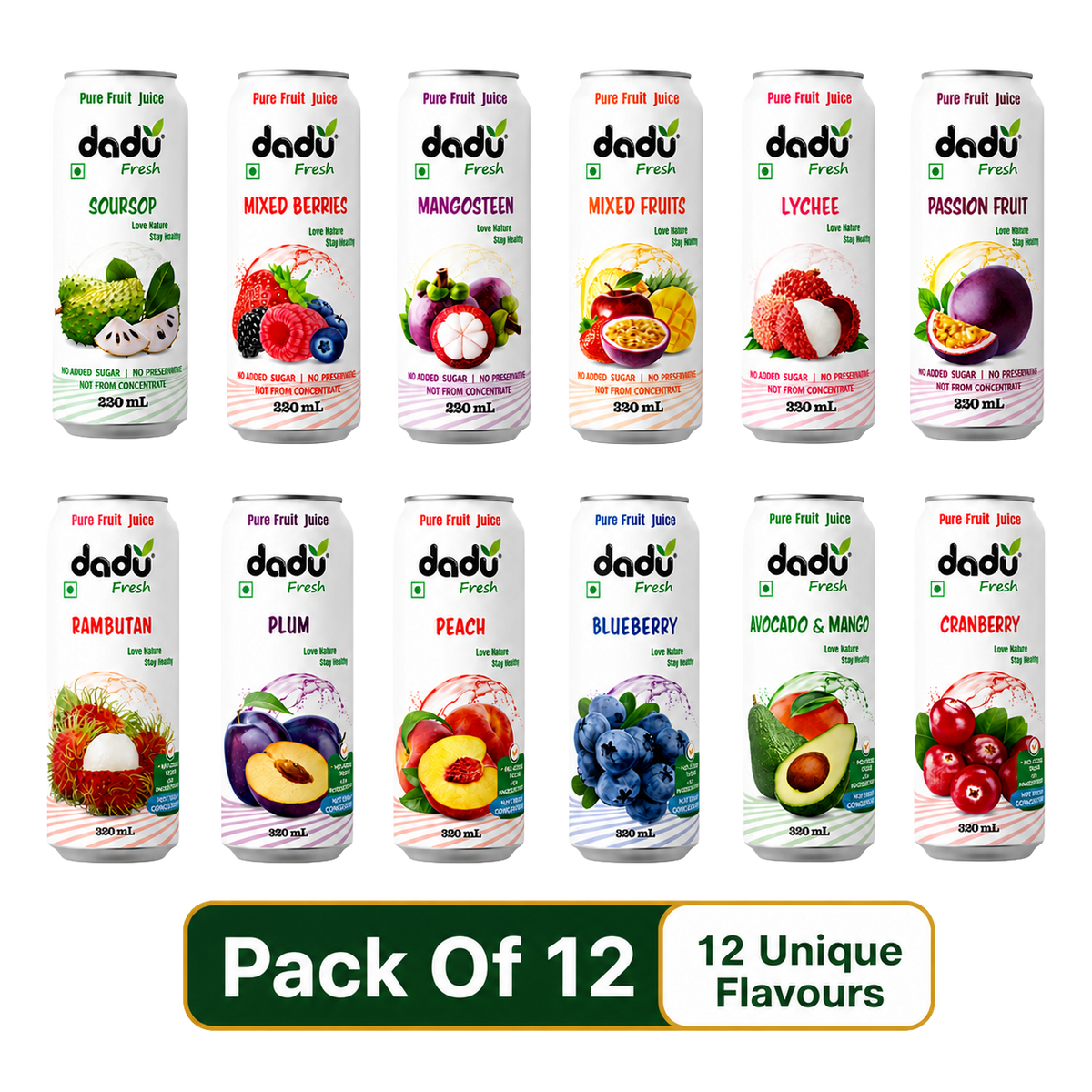 Dadu Fresh Passion Fruit, Mangosteen, Lychee, Mixed Berries, Soursop, Mixed Fruit, Peach, Plum, Blueberry, Cranberry, Avocado & Mango & Rambutan Juice | 100% Pure Fruit Juice | No Added Sugar | Pack Of 12 (250ml x 6 Cans & 320ml x 6 Cans) - Dadu Fresh