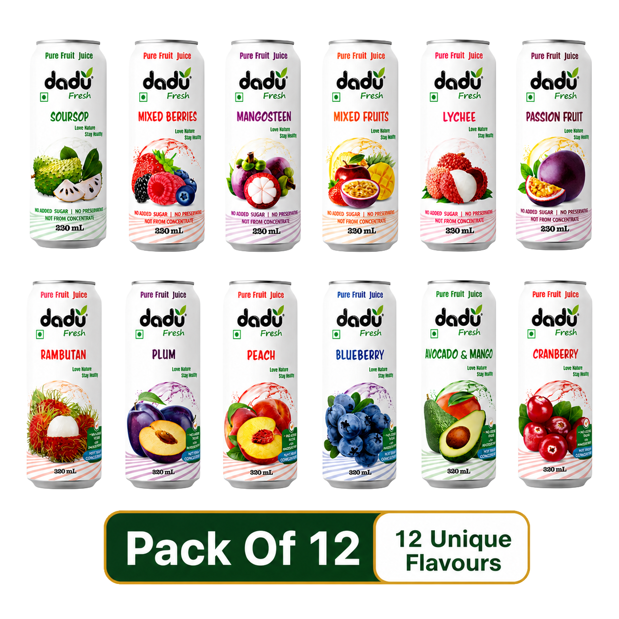 Dadu Fresh Passion Fruit, Mangosteen, Lychee, Mixed Berries, Soursop, Mixed Fruit, Peach, Plum, Blueberry, Cranberry, Avocado & Mango & Rambutan Juice | 100% Pure Fruit Juice | No Added Sugar | Pack Of 12 (250ml x 6 Cans & 320ml x 6 Cans) - Dadu Fresh