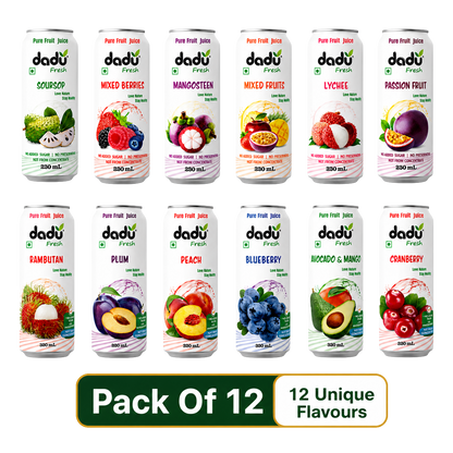 Dadu Fresh Passion Fruit, Mangosteen, Lychee, Mixed Berries, Soursop, Mixed Fruit, Peach, Plum, Blueberry, Cranberry, Avocado & Mango & Rambutan Juice | 100% Pure Fruit Juice | No Added Sugar | Pack Of 12 (250ml x 6 Cans & 320ml x 6 Cans) - Dadu Fresh