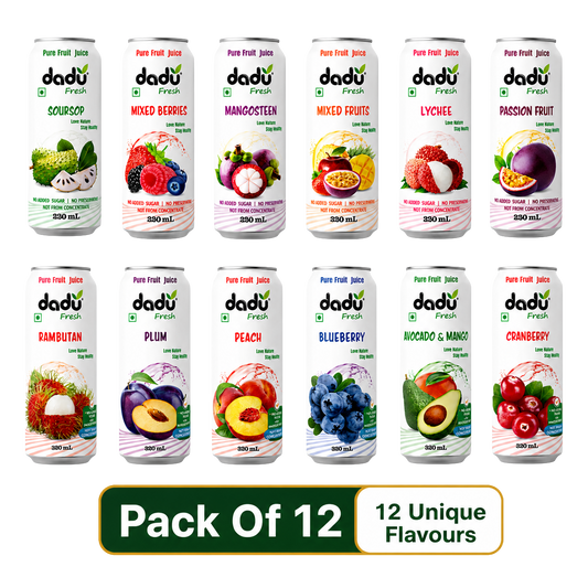 Dadu Fresh Passion Fruit, Mangosteen, Lychee, Mixed Berries, Soursop, Mixed Fruit, Peach, Plum, Blueberry, Cranberry, Avocado & Mango & Rambutan Juice | 100% Pure Fruit Juice | No Added Sugar | Pack Of 12 (250ml x 6 Cans & 320ml x 6 Cans) - Dadu Fresh