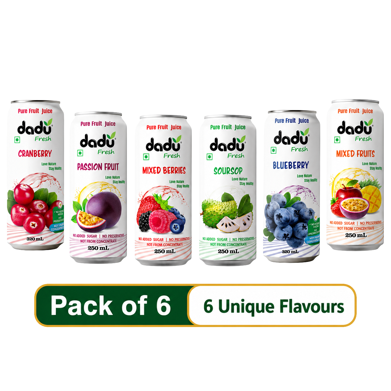 Dadu Fresh Passion Fruit, Cranberry, Blueberry, Mixed Berries, Soursop & Mixed Fruit Juice | 100% Pure Fruit Juice | No Added Sugar & No Preservatives | Pack Of 6 (250ml x 4 Cans & 320ml x 2 Cans) - Dadu Fresh