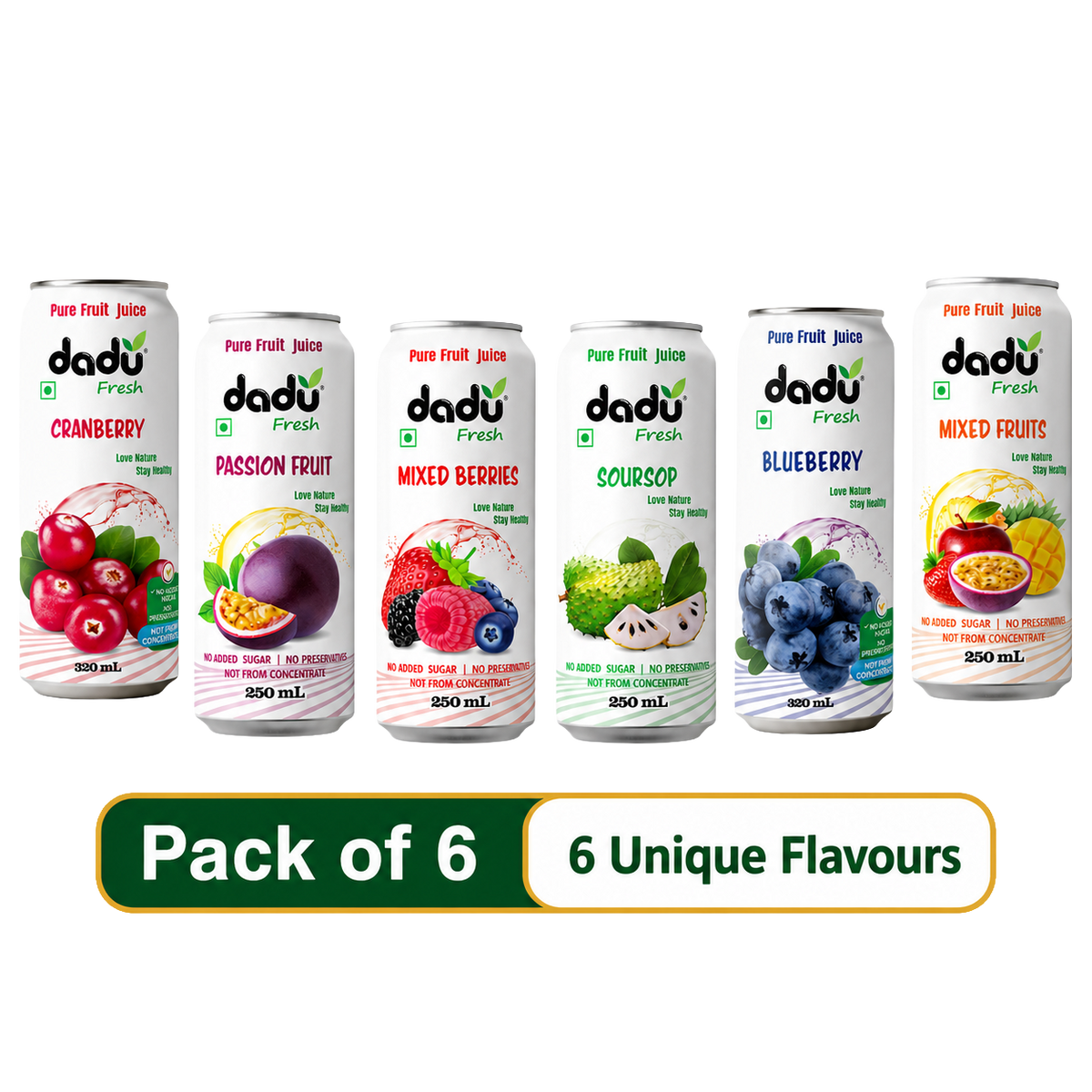 Dadu Fresh Passion Fruit, Cranberry, Blueberry, Mixed Berries, Soursop & Mixed Fruit Juice | 100% Pure Fruit Juice | No Added Sugar & No Preservatives | Pack Of 6 (250ml x 4 Cans & 320ml x 2 Cans) - Dadu Fresh