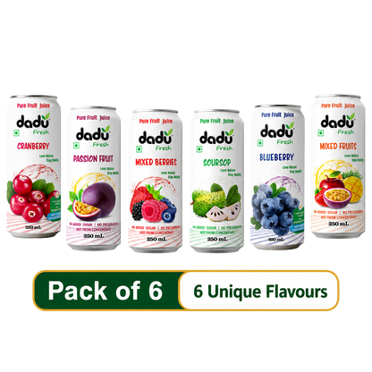 Dadu Fresh Passion Fruit, Cranberry, Blueberry, Mixed Berries, Soursop & Mixed Fruit Juice | 100% Pure Fruit Juice | No Added Sugar & No Preservatives | Pack Of 6 (250ml x 4 Cans & 320ml x 2 Cans) - Dadu Fresh