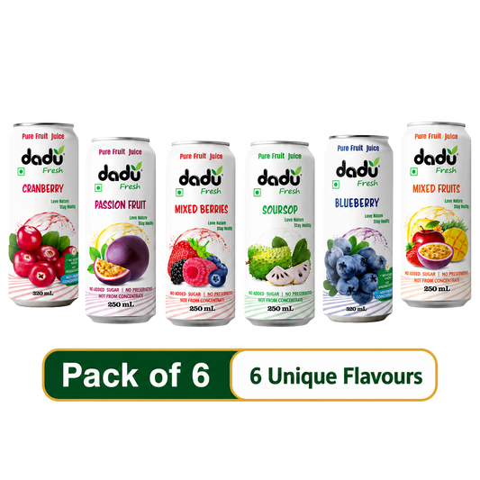 Dadu Fresh Passion Fruit, Cranberry, Blueberry, Mixed Berries, Soursop & Mixed Fruit Juice | 100% Pure Fruit Juice | No Added Sugar & No Preservatives | Pack Of 6 (250ml x 4 Cans & 320ml x 2 Cans) - Dadu Fresh
