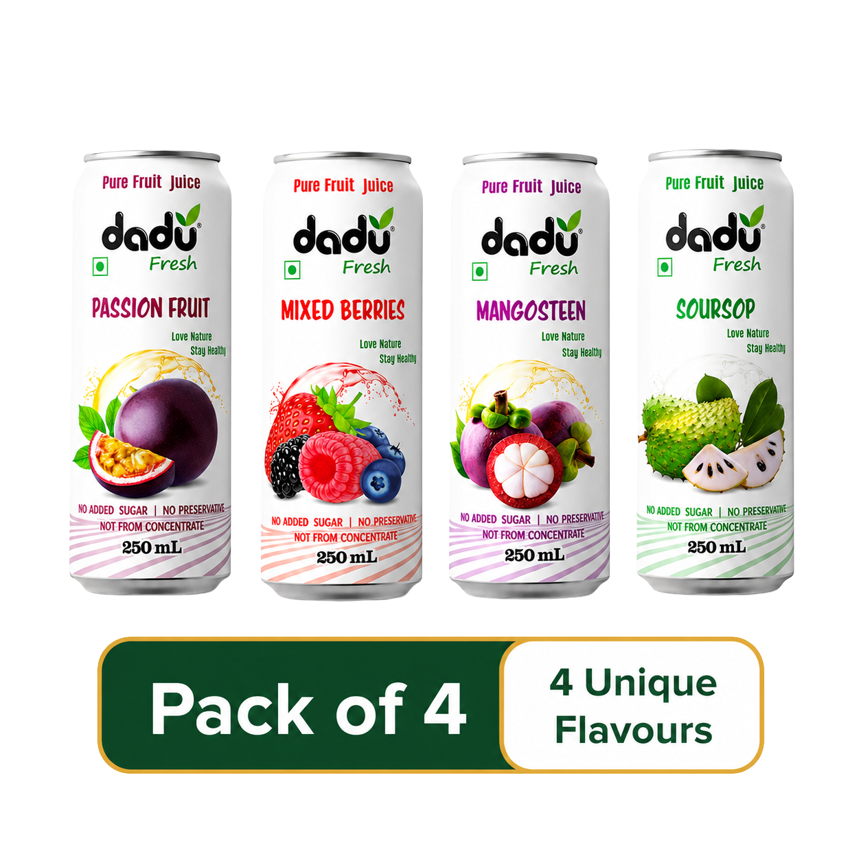 Dadu Fresh Passion Fruit, Mixed Berries, Mangosteen & Soursop Juice | 100% Pure Fruit Juice | No Added Sugar & No Preservatives | 250ml x Pack of 4 - Dadu Fresh