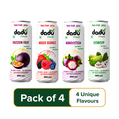 Dadu Fresh Passion Fruit, Mixed Berries, Mangosteen & Soursop Juice | 100% Pure Fruit Juice | No Added Sugar & No Preservatives | 250ml x Pack of 4 - Dadu Fresh
