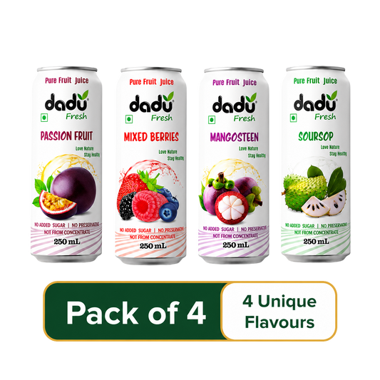 Dadu Fresh Passion Fruit, Mixed Berries, Mangosteen & Soursop Juice | 100% Pure Fruit Juice | No Added Sugar & No Preservatives | 250ml x Pack of 4 - Dadu Fresh