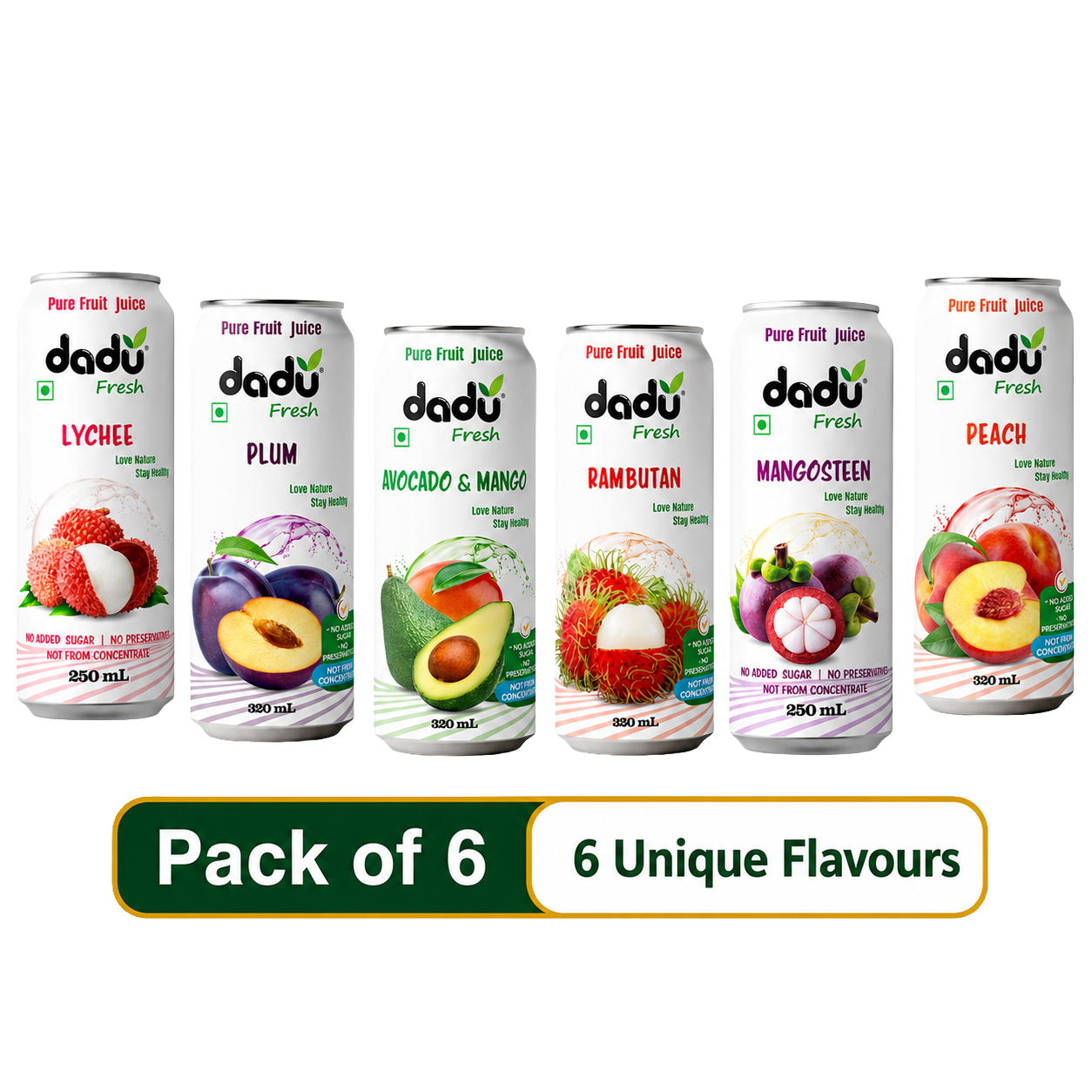 Dadu Fresh Lychee, Peach, Rambutan, Avocado & Mango, Plum, Mangosteen Juice| 100% Pure Fruit Juice | No Added Sugar & No Preservatives | Pack Of 6 (250ml x 2 Cans & 320ml x 4 Can) - Dadu Fresh