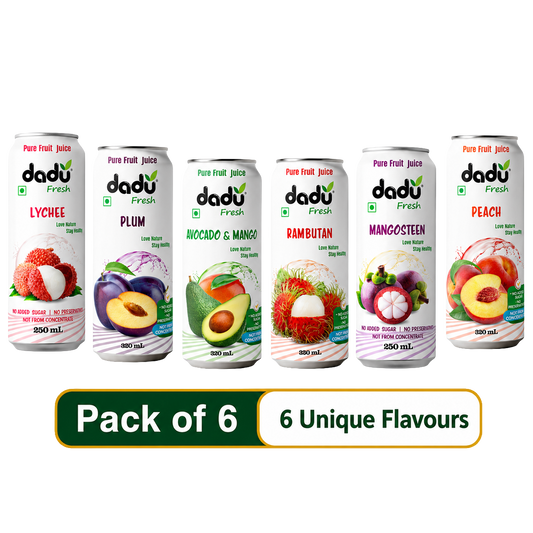 Dadu Fresh Lychee, Peach, Rambutan, Avocado & Mango, Plum, Mangosteen Juice| 100% Pure Fruit Juice | No Added Sugar & No Preservatives | Pack Of 6 (250ml x 2 Cans & 320ml x 4 Can) - Dadu Fresh