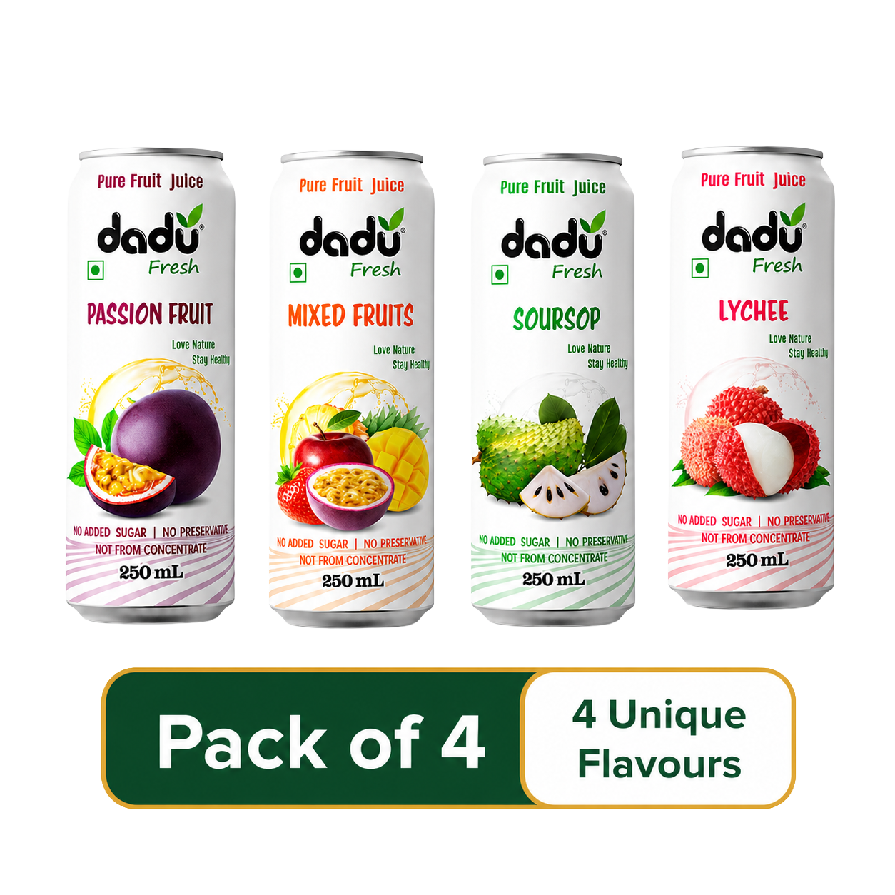 Dadu Fresh Passion Fruit, Mixed Fruit, Lychee & Soursop Juice | 100% Pure Fruit Juice | No Added Sugar & No Preservatives | 250ml x Pack of 4 - Dadu Fresh