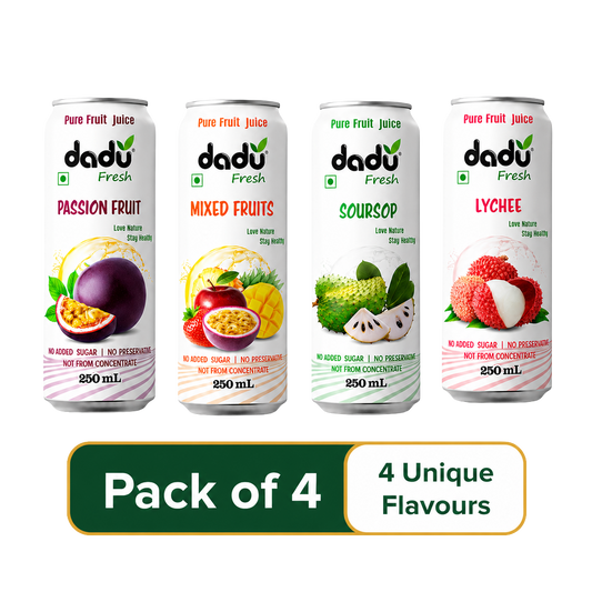 Dadu Fresh Passion Fruit, Mixed Fruit, Lychee & Soursop Juice | 100% Pure Fruit Juice | No Added Sugar & No Preservatives | 250ml x Pack of 4 - Dadu Fresh