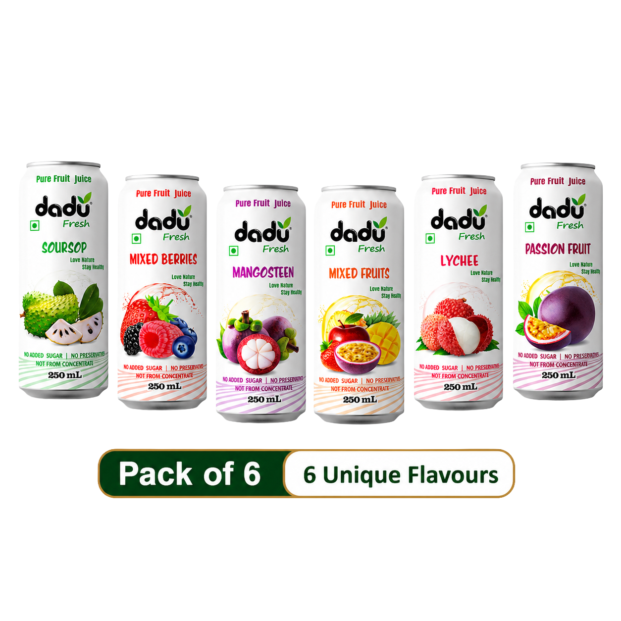Dadu Fresh Soursop, Passion Fruit, Mixed Fruit, Lychee, Mixed Berries & Mangosteen Juice | 100% Pure Fruit Juice | No Added Sugar & No Preservatives | 250ml x Pack of 6 - Dadu Fresh