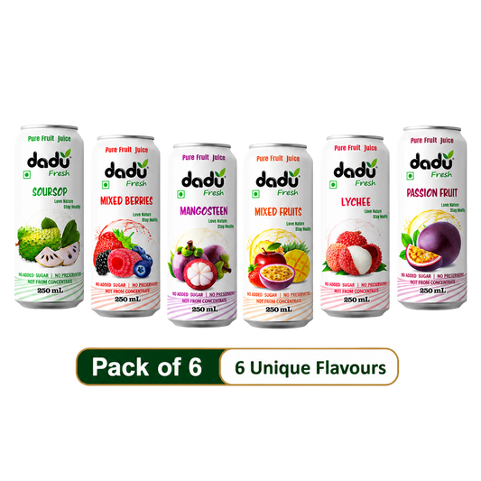 Dadu Fresh Soursop, Passion Fruit, Mixed Fruit, Lychee, Mixed Berries & Mangosteen Juice | 100% Pure Fruit Juice | No Added Sugar & No Preservatives | 250ml x Pack of 6 - Dadu Fresh