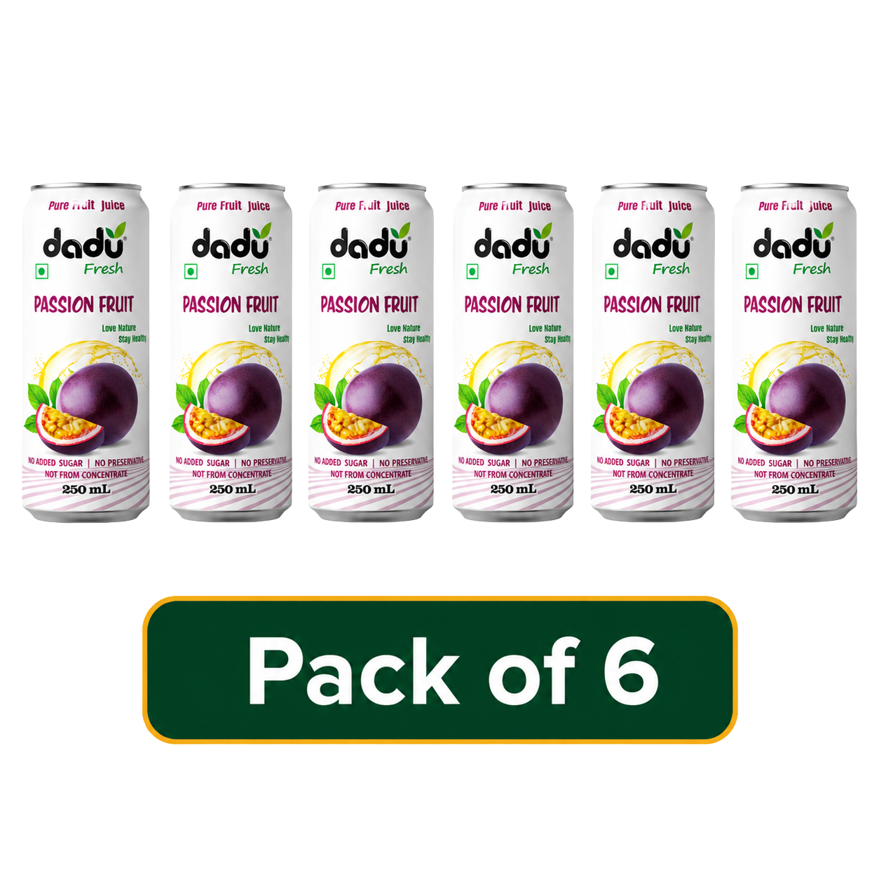 Dadu Fresh Passion Fruit Juice | 100% Pure Fruit Juice | No Added Sugar & No Preservatives | 250ml x Pack of 6 - Dadu Fresh
