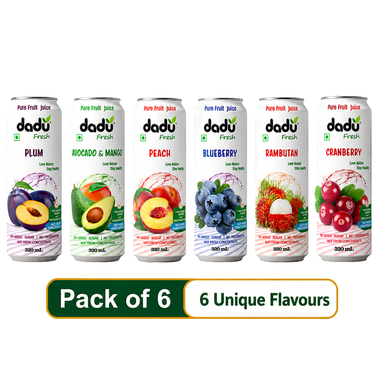 Dadu Fresh Avocado & Mango, Rambutan, Peach, Blueberry, Cranberry & Plum Juice | 100% Pure Fruit Juice | No Added Sugar & No Preservatives | 320ml x Pack of 6 - Dadu Fresh