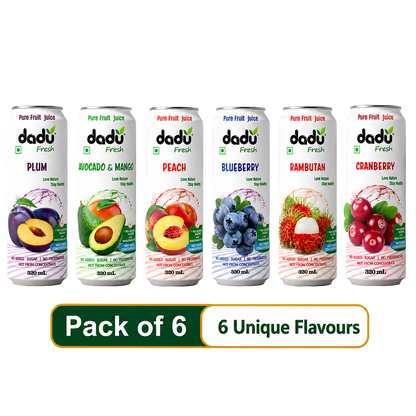 Dadu Fresh Avocado & Mango, Rambutan, Peach, Blueberry, Cranberry & Plum Juice | 100% Pure Fruit Juice | No Added Sugar & No Preservatives | 320ml x Pack of 6 - Dadu Fresh