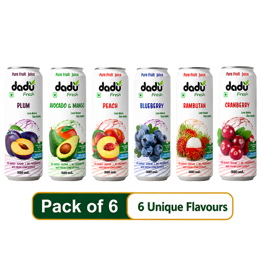 Dadu Fresh Avocado & Mango, Rambutan, Peach, Blueberry, Cranberry & Plum Juice | 100% Pure Fruit Juice | No Added Sugar & No Preservatives | 320ml x Pack of 6 - Dadu Fresh