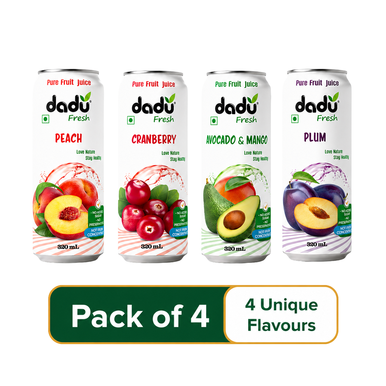 Dadu Fresh Plum, Peach, Avocado and Mango, Cranberry Juice | 100% Pure Fruit Juice | No Added Sugar & No Preservatives | 320ml x Pack of 4 - Dadu Fresh