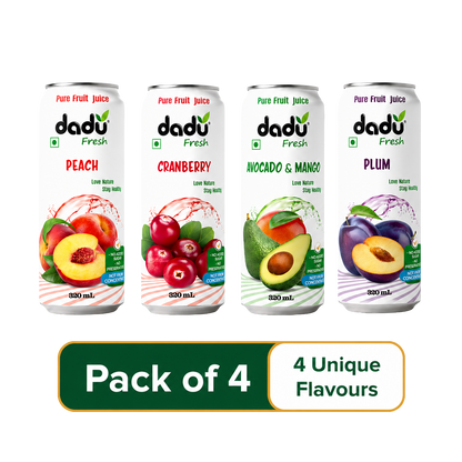 Dadu Fresh Plum, Peach, Avocado and Mango, Cranberry Juice | 100% Pure Fruit Juice | No Added Sugar & No Preservatives | 320ml x Pack of 4 - Dadu Fresh