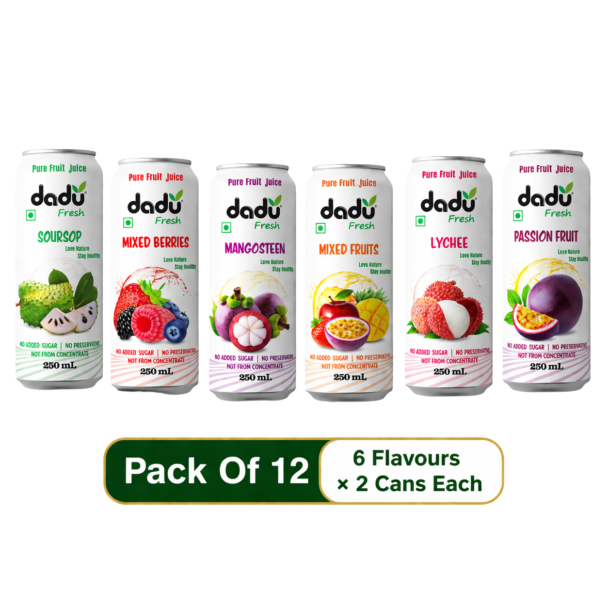 Dadu Fresh Soursop, Passion Fruit, Mixed Fruit, Lychee, Mixed Berries & Mangosteen Juice | 100% Pure Fruit Juice | No Added Sugar & No Preservatives | 250ml x Pack of 12 - Dadu Fresh