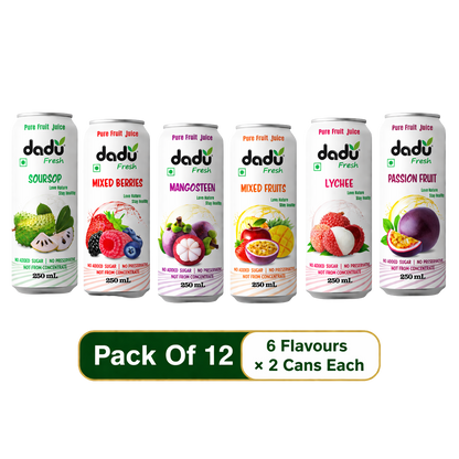 Dadu Fresh Soursop, Passion Fruit, Mixed Fruit, Lychee, Mixed Berries & Mangosteen Juice | 100% Pure Fruit Juice | No Added Sugar & No Preservatives | 250ml x Pack of 12 - Dadu Fresh