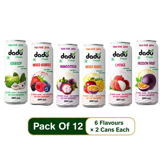Dadu Fresh Soursop, Passion Fruit, Mixed Fruit, Lychee, Mixed Berries & Mangosteen Juice | 100% Pure Fruit Juice | No Added Sugar & No Preservatives | 250ml x Pack of 12 - Dadu Fresh