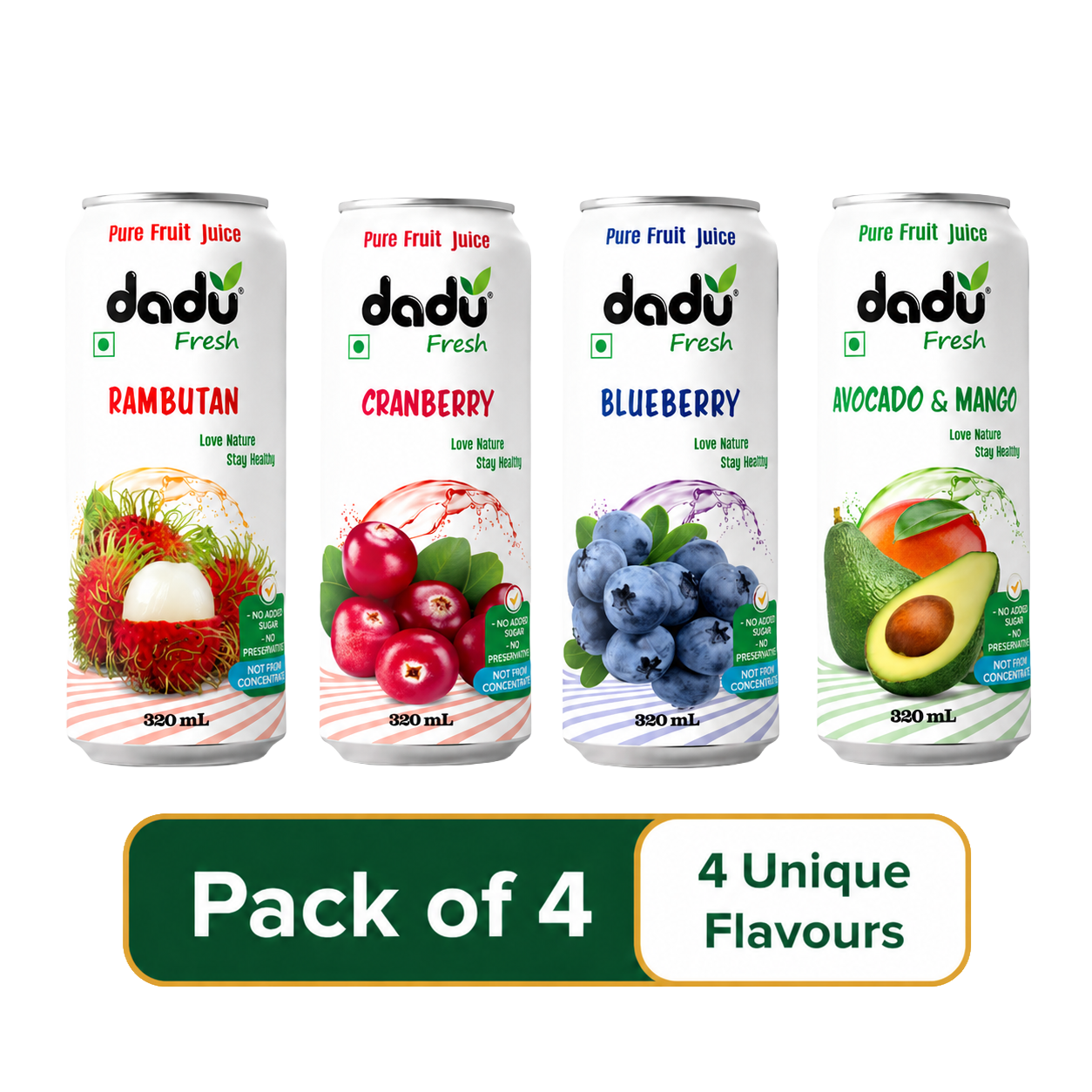 Dadu Fresh Cranberry, Blueberry, Avocado, Mango & Rambutan Juice | 100% Pure Fruit Juice | No Added Sugar & No Preservatives | 320ml x Pack of 4 - Dadu Fresh