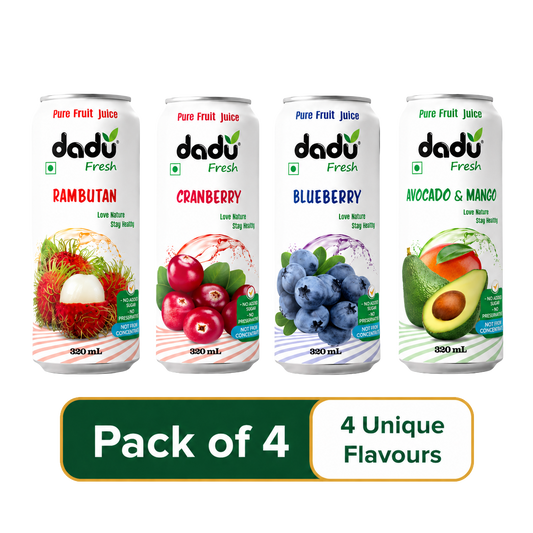 Dadu Fresh Cranberry, Blueberry, Avocado, Mango & Rambutan Juice | 100% Pure Fruit Juice | No Added Sugar & No Preservatives | 320ml x Pack of 4 - Dadu Fresh