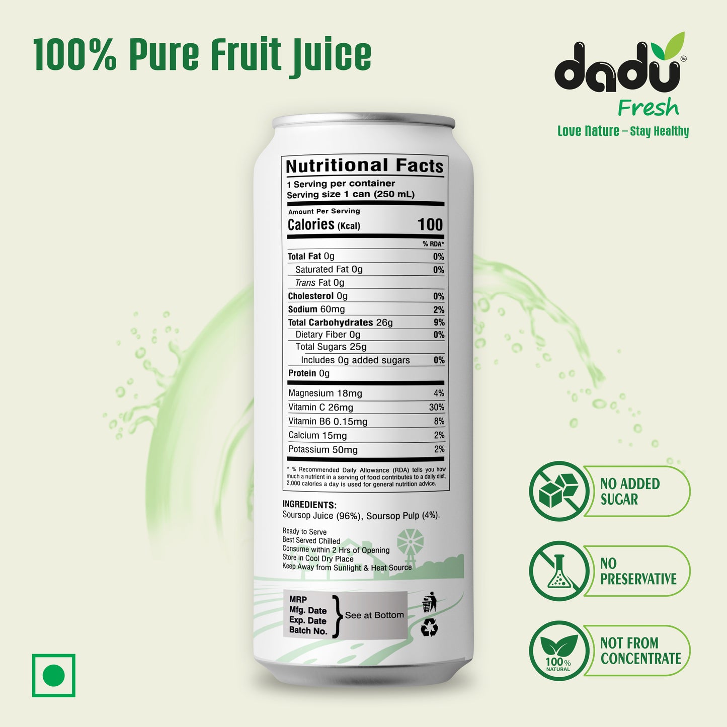 Dadu Fresh Soursop Juice – Pure Fruit Healthy Beverage, No Added Sugar, All-Natural Drink Packed with Antioxidants and Vitamin C – Supports Immunity and Wellness | 250 ML Can | (Pack of 4)